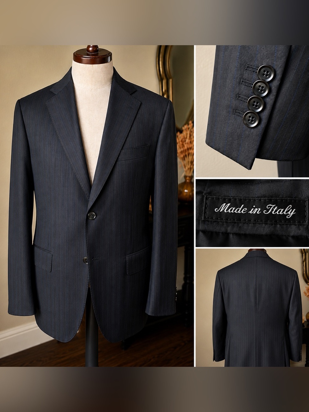 Pal Zileri Super 100’s Wool Blazer 40R IT 50 Black Blue Pinstripe Made in Italy